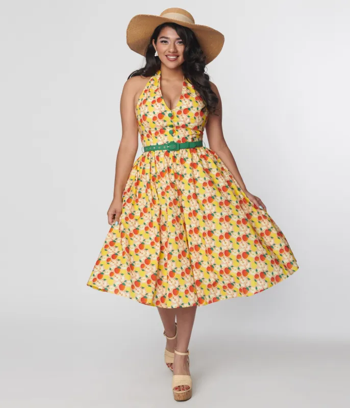 Unique Vintage 1950s Yellow & Red Apple Print Cotton Halter Swing Dress sold by Unique Vintage