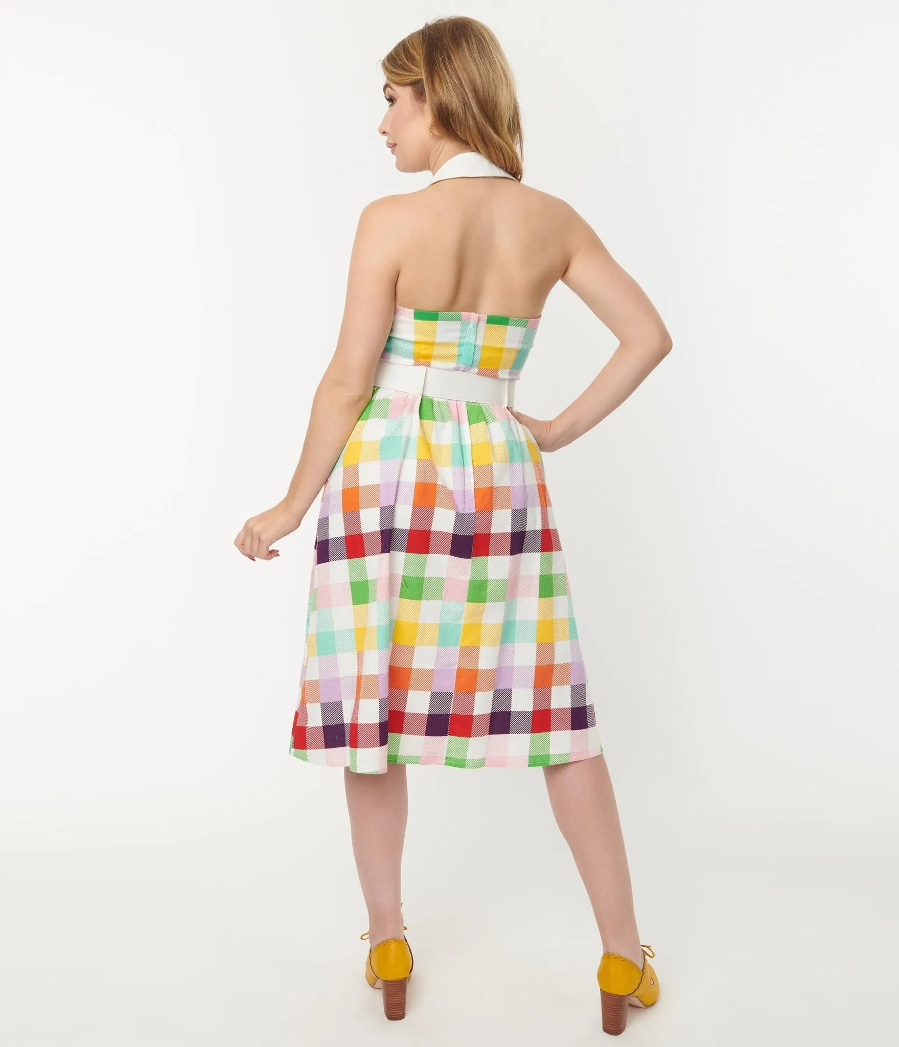 Collectif Rainbow Checkered Halter Waverly Swing Dress sold by Unique Vintage product image thumbnail 2