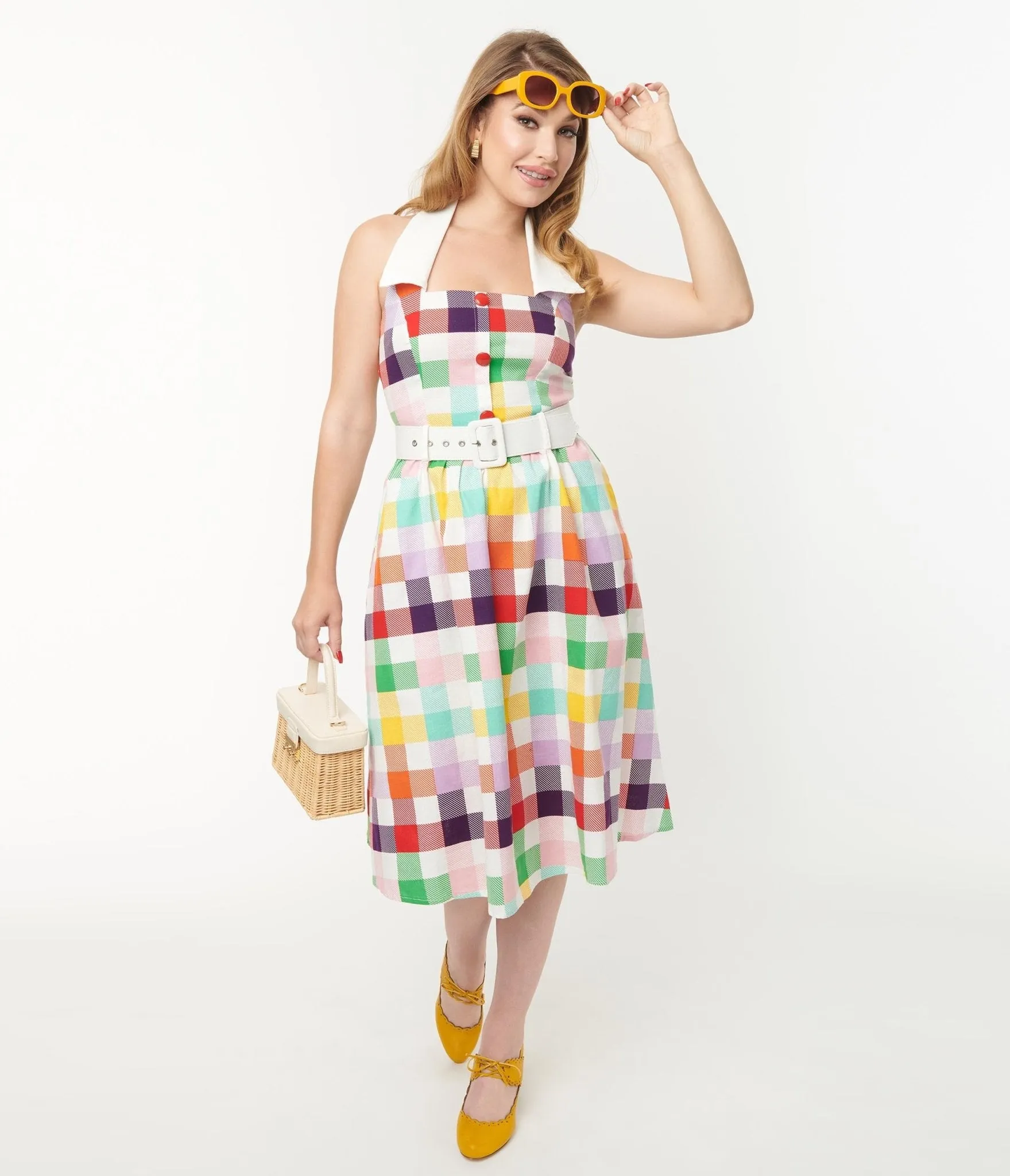 Collectif Rainbow Checkered Halter Waverly Swing Dress sold by Unique Vintage