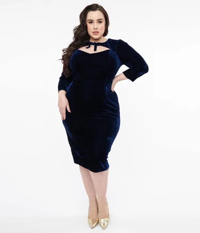 Collectif Plus Size Blue Velvet Ancilla Pencil Dress made by Unique Vintage