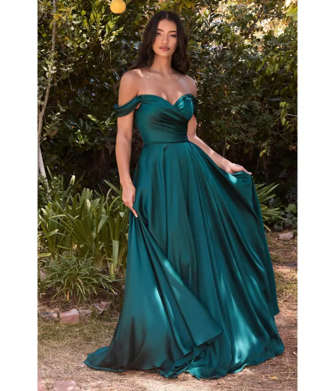Ladivine by Cinderella Divine Emerald Satin Off The Shoulder Bridesmaid Gown sold by Unique Vintage