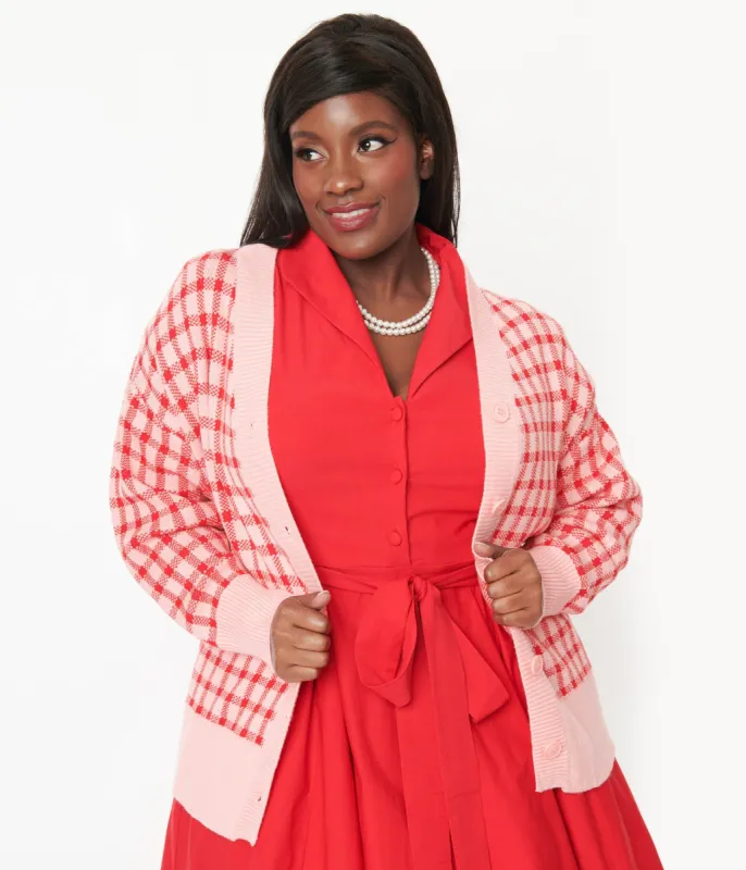 Pink & Red Checkered Cardigan sold by Unique Vintage