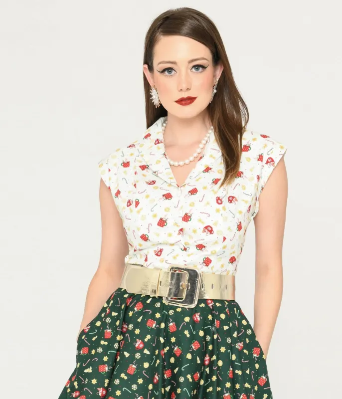 Magnolia Place White & Holiday Print Tamara Blouse sold by Unique Vintage