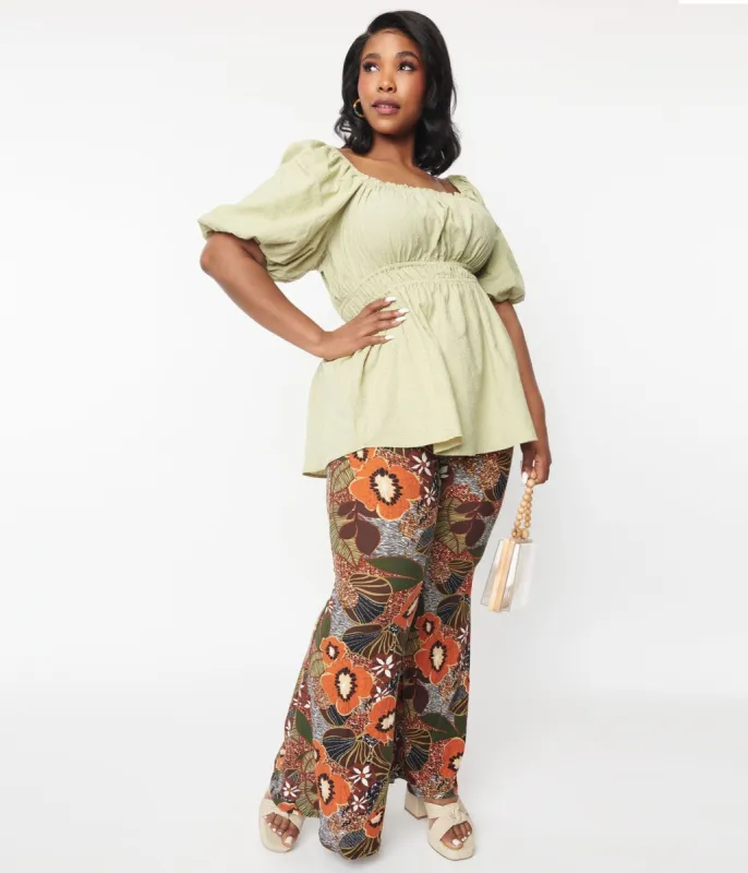 Plus Size 1970s Brown Floral Bell Bottom Pants sold by Unique Vintage