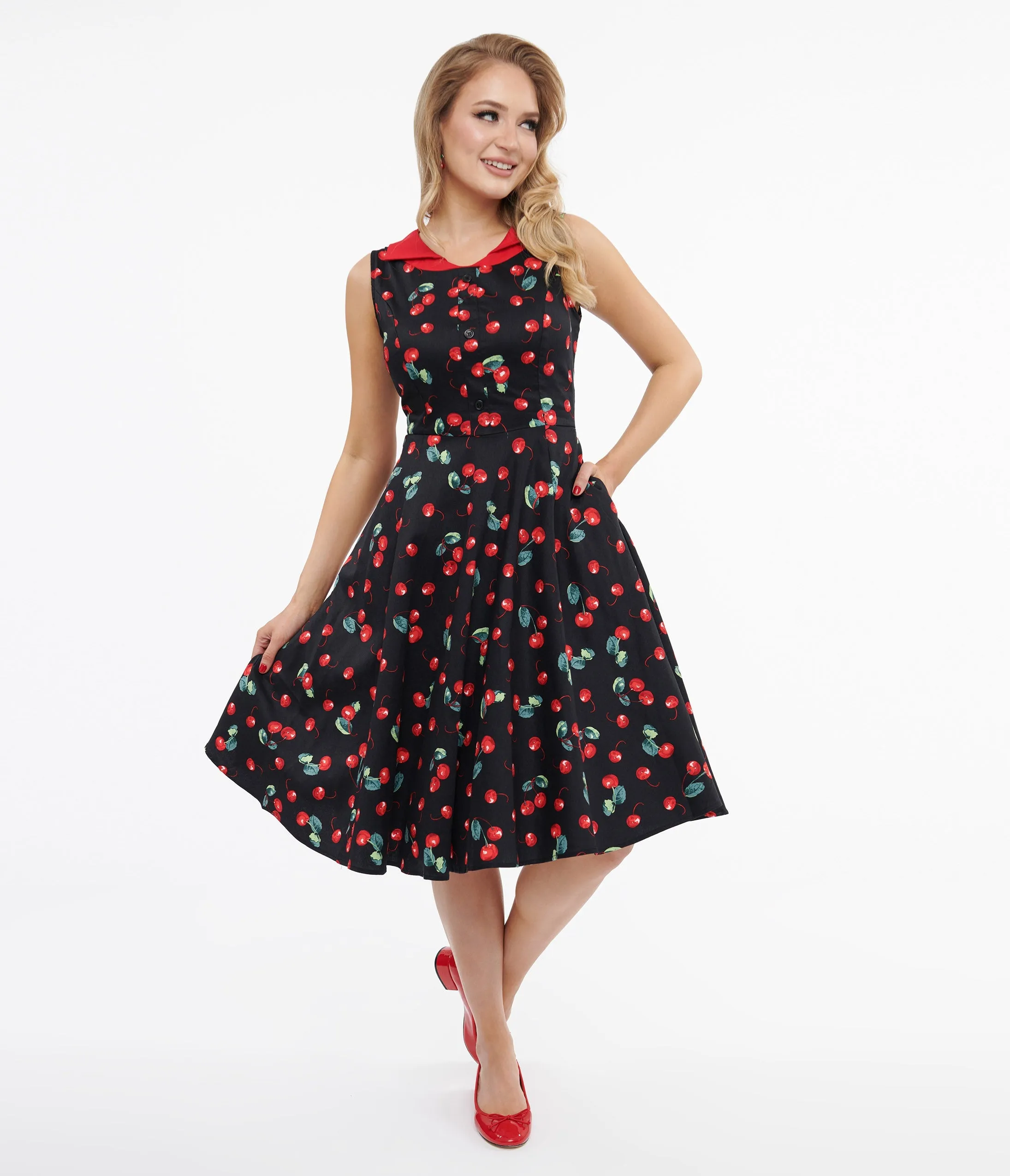 1950s Black Cherry Cotton Swing Dress sold by Unique Vintage product image thumbnail 3