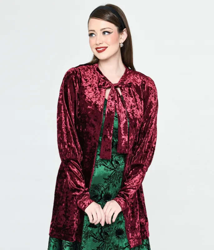 Burgundy Crushed Velvet Hellfire Cardigan sold by Unique Vintage