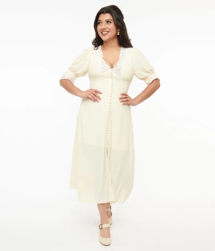 1930s Cream & White Lace Midi Dress sold by Unique Vintage