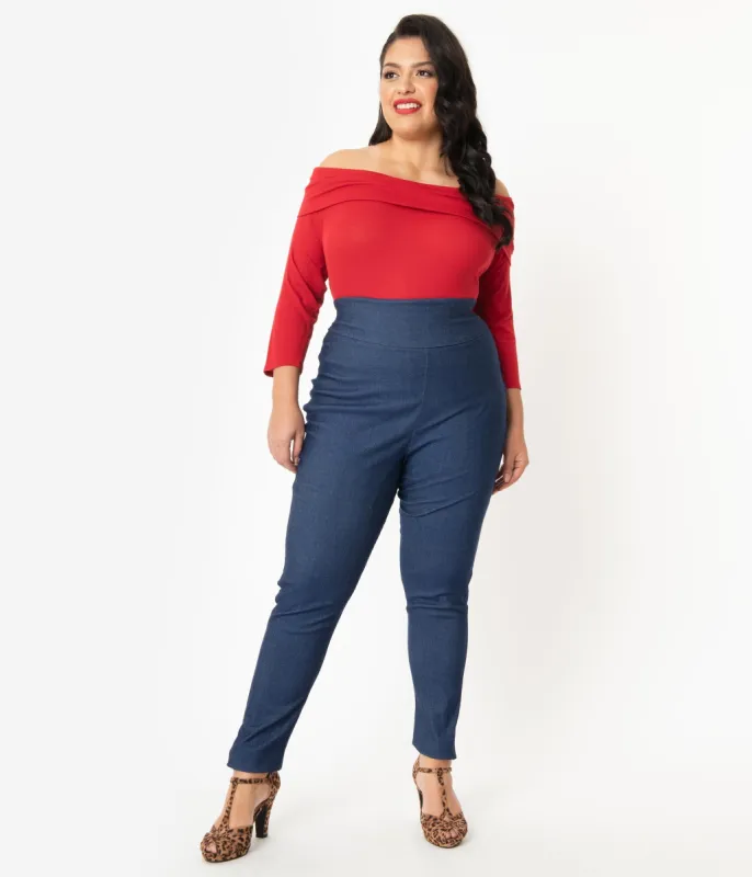Unique Vintage Plus Size Blue Denim High Waist Rizzo Cigarette Pants sold by Unique Vintage