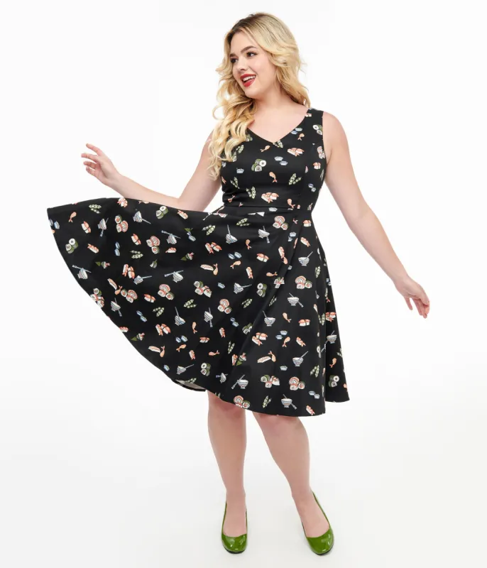 Black & Sushi Print Cotton Swing Dress sold by Unique Vintage