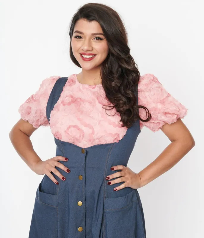 Pink Textured Floral Puff Sleeve Blouse sold by Unique Vintage