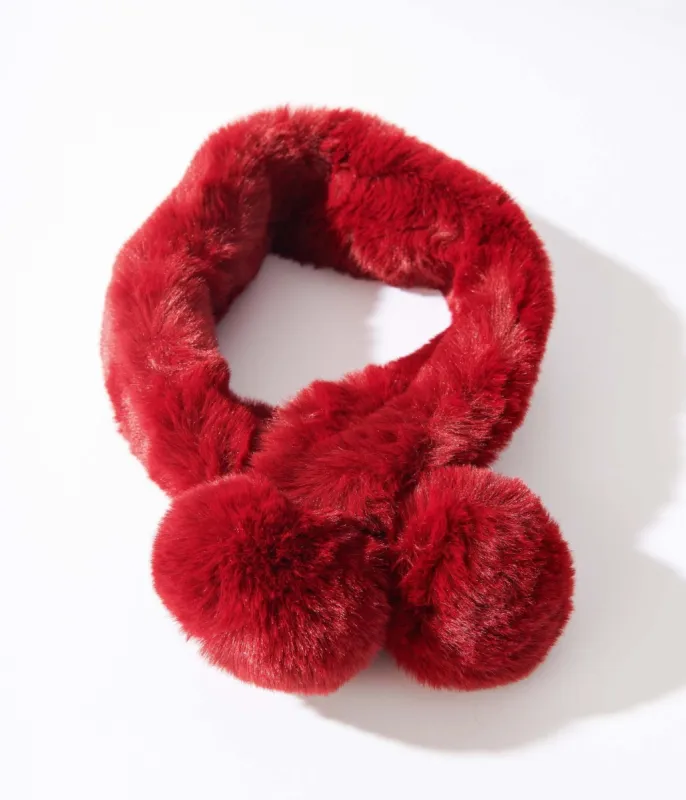 Burgundy Faux Fur Pom Pom Scarf sold by Unique Vintage