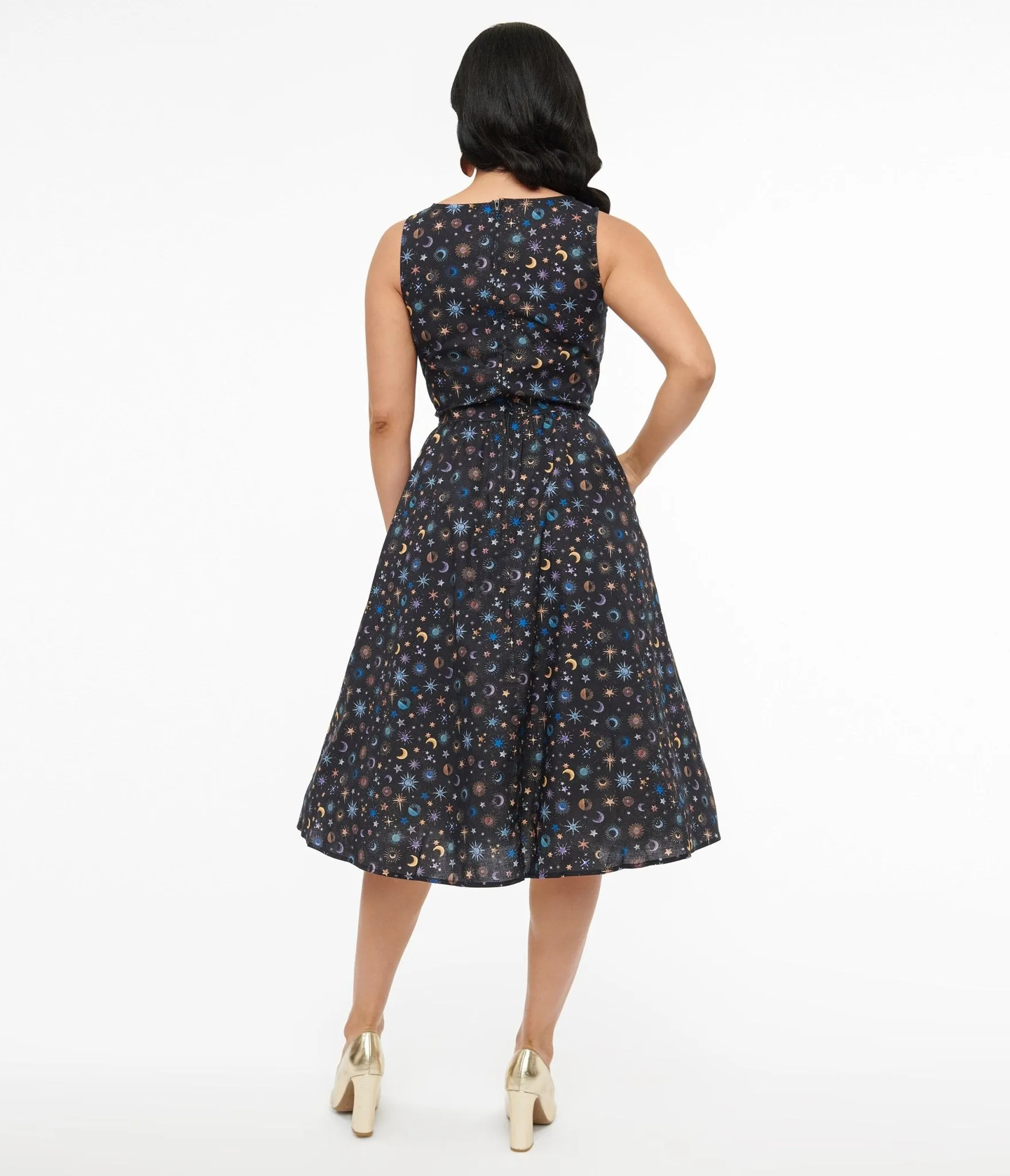 Retrolicious 1950s Black Celestial Stars & Moon Print Midi Dress sold by Unique Vintage product image thumbnail 3
