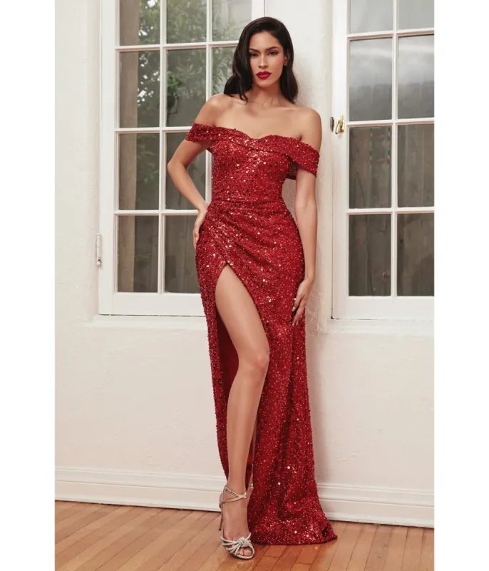 Cinderella Divine Glamorous Red Off Shoulder Sequin Prom Gown sold by Unique Vintage