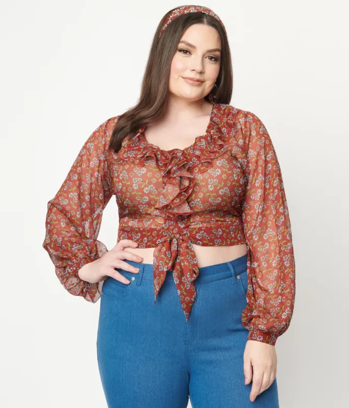 Unique Vintage Plus Size 1970s Rust & White Floral Ruffled & Ready Crop Top sold by Unique Vintage