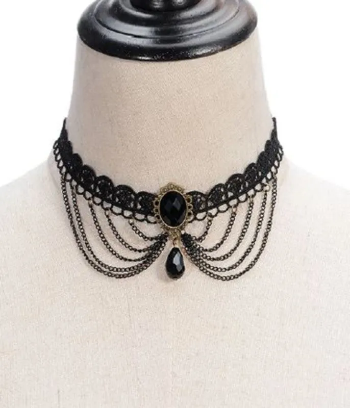 Black Victorian Lace & Rhinestone Choker sold by Unique Vintage