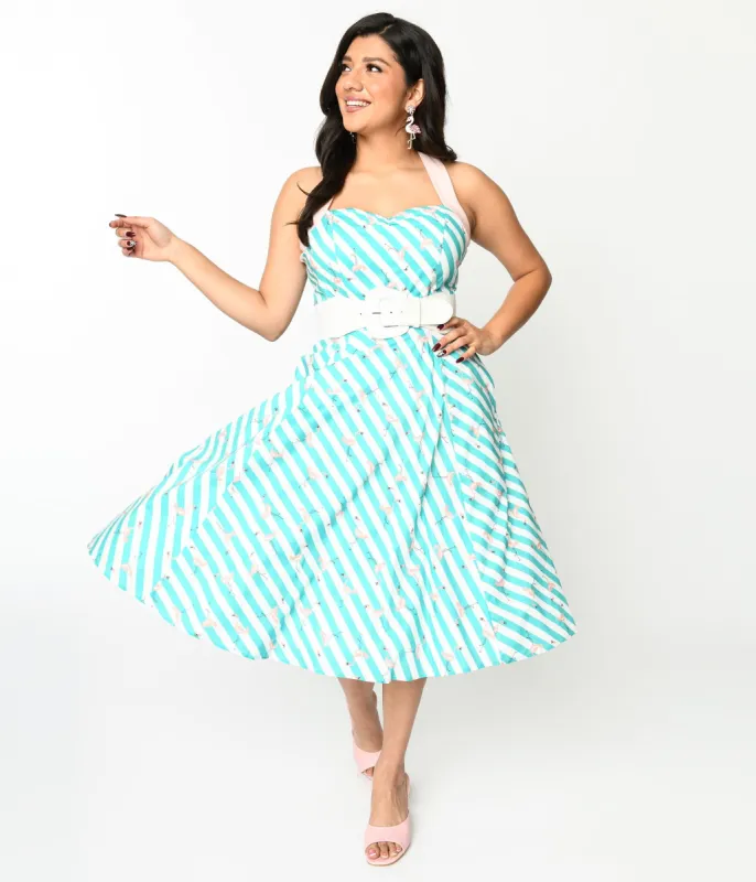 Teal & White Striped Flamingo Print Swing Dress sold by Unique Vintage