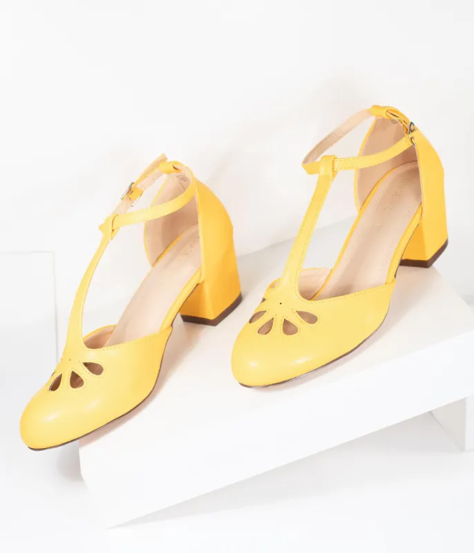 Yellow Leatherette Minny T-Strap Heels sold by Unique Vintage