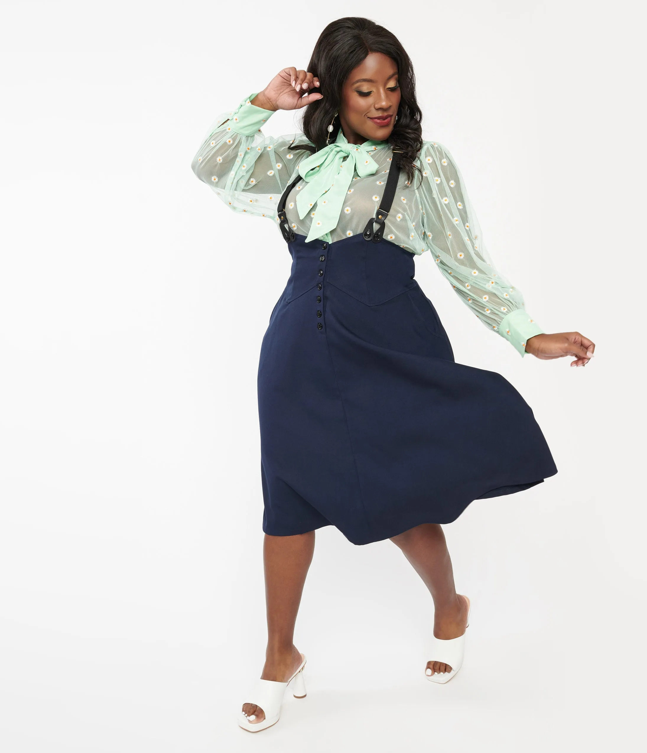 Unique Vintage Plus Size 1950s Dark Blue Suspender Swing Skirt sold by Unique Vintage