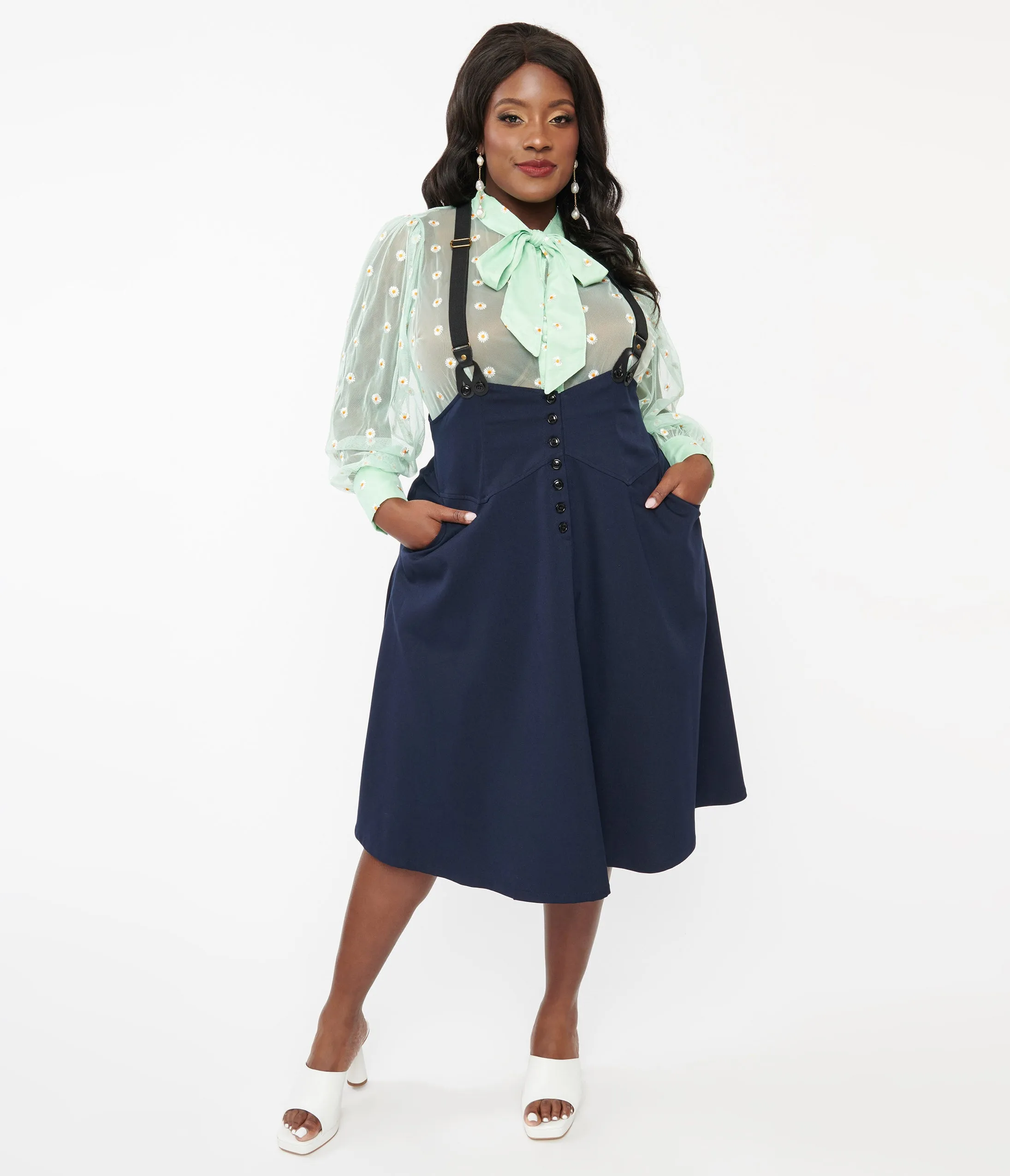 Unique Vintage Plus Size 1950s Dark Blue Suspender Swing Skirt sold by Unique Vintage product image thumbnail 3