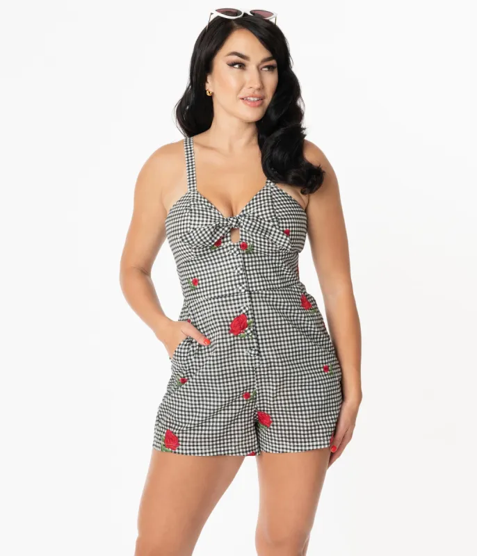 Unique Vintage 1960s  Black Gingham & Roses Print Hayward Romper sold by Unique Vintage