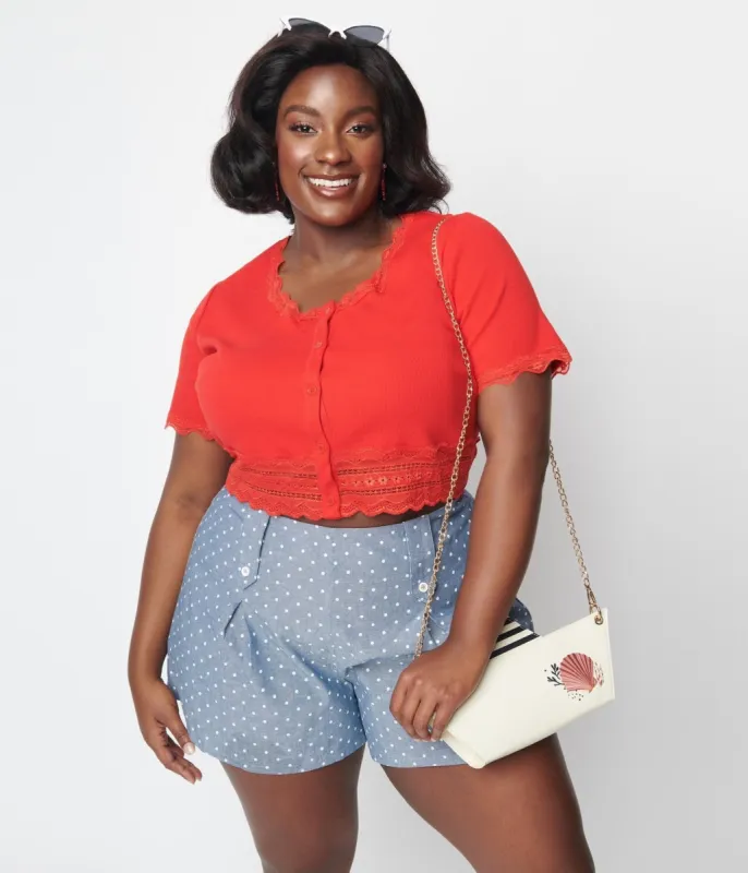 Cherry Red Scallop Lace Knit Crop Top sold by Unique Vintage
