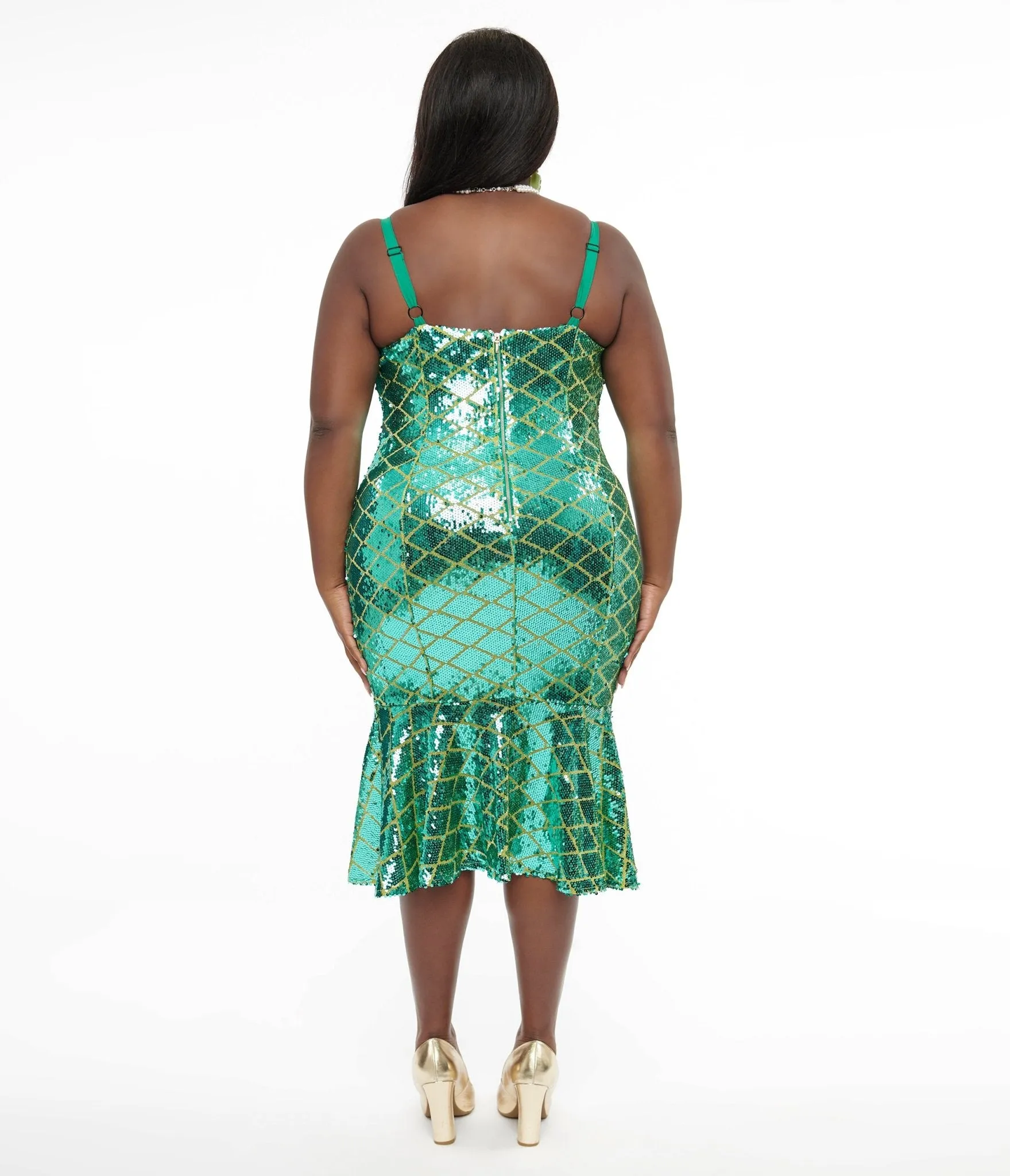 Disney Princess collection by Unique Vintage Plus Size Princess Ariel Green & Gold Sequin Wiggle Dress sold by Unique Vintage product image thumbnail 2