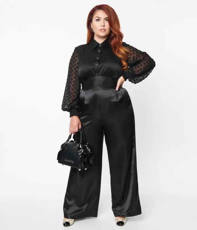 Unique Vintage Plus Size 1940s Black Satin High Waist Pants sold by Unique Vintage