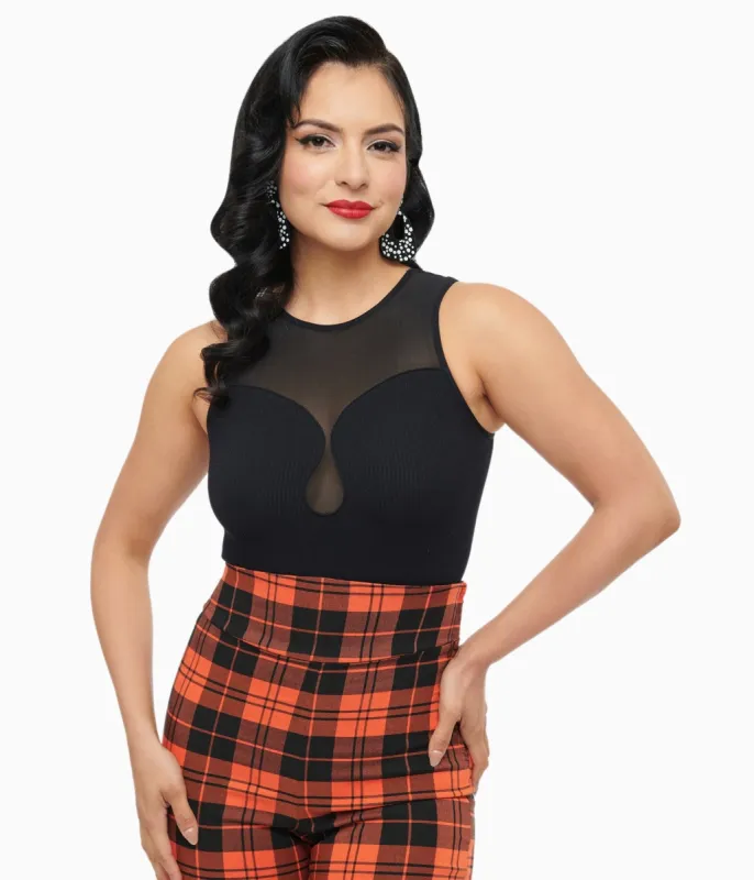 Black Ribbed Bodysuit With Mesh Neckline sold by Unique Vintage
