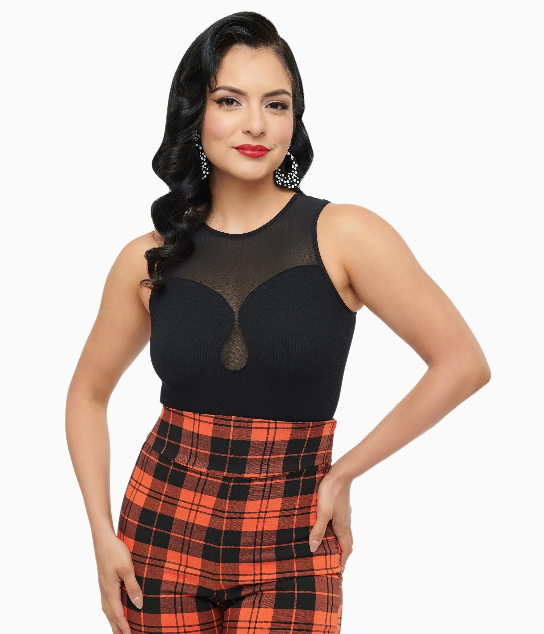 Black Ribbed Bodysuit With Mesh Neckline sold by Unique Vintage