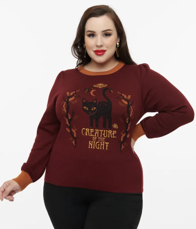 Disney Hocus Pocus Collection by Unique Vintage Plus Size Burgundy Binx Hocus Pocus Embroidered Sweater sold by Unique Vintage