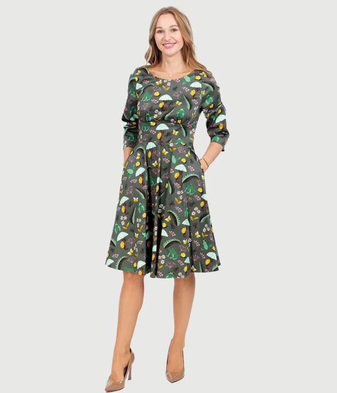 Olive Green & Rain Forest Print Fit & Flare Dress sold by Unique Vintage