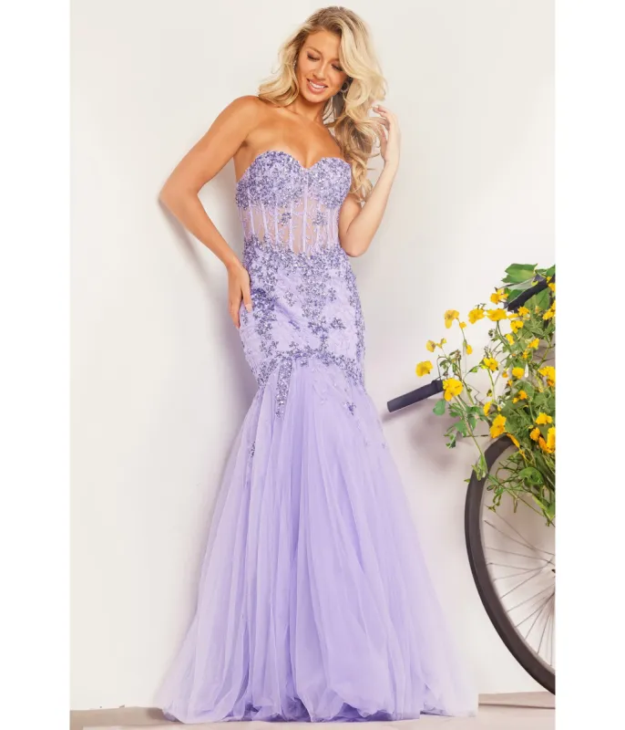 Jovani Lilac Embroidered Sequin Corset Mermaid Evening Gown sold by Unique Vintage