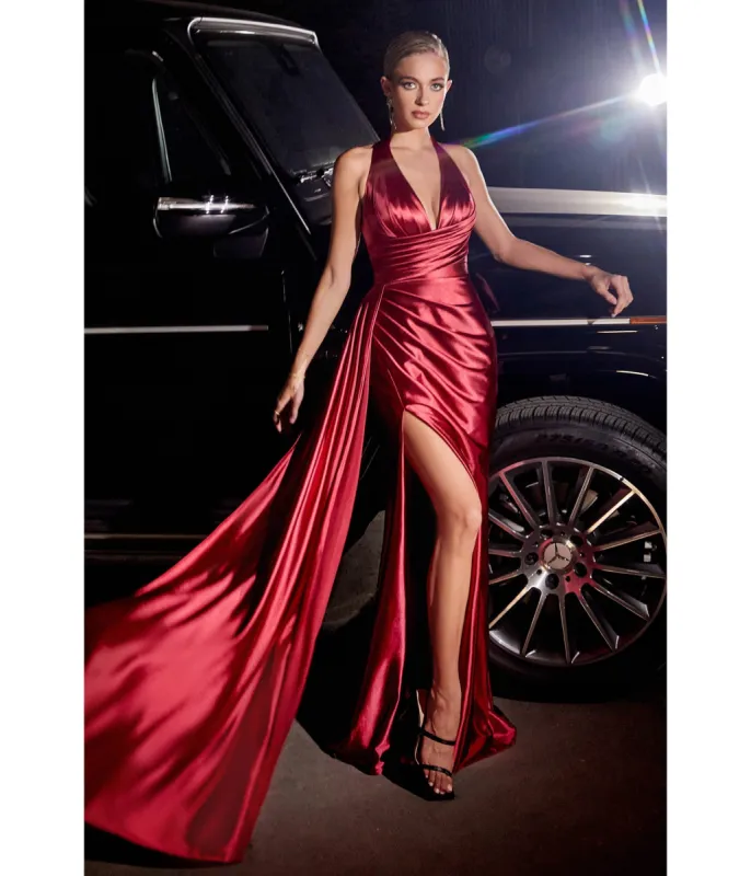 Cinderella Divine  Burgundy Pleated Satin Halter Fitted Slit Dress sold by Unique Vintage