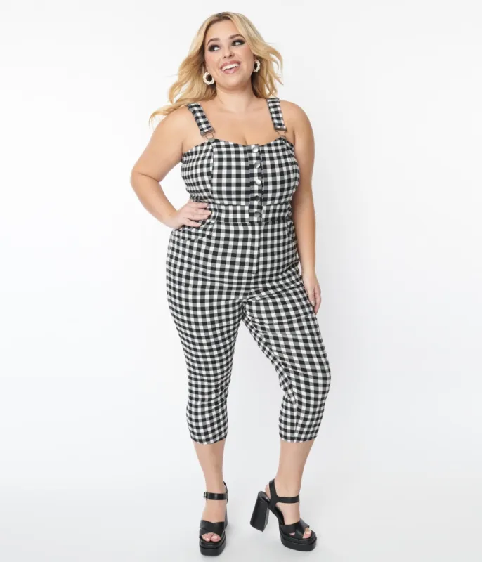 Unique Vintage Plus Size 1970s Black & White Gingham Eartha Jumpsuit sold by Unique Vintage
