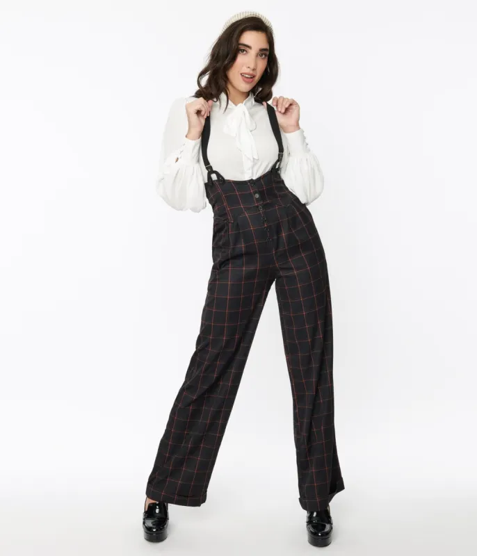 Unique Vintage Black & Orange Windowpane Thelma Suspender Pants sold by Unique Vintage
