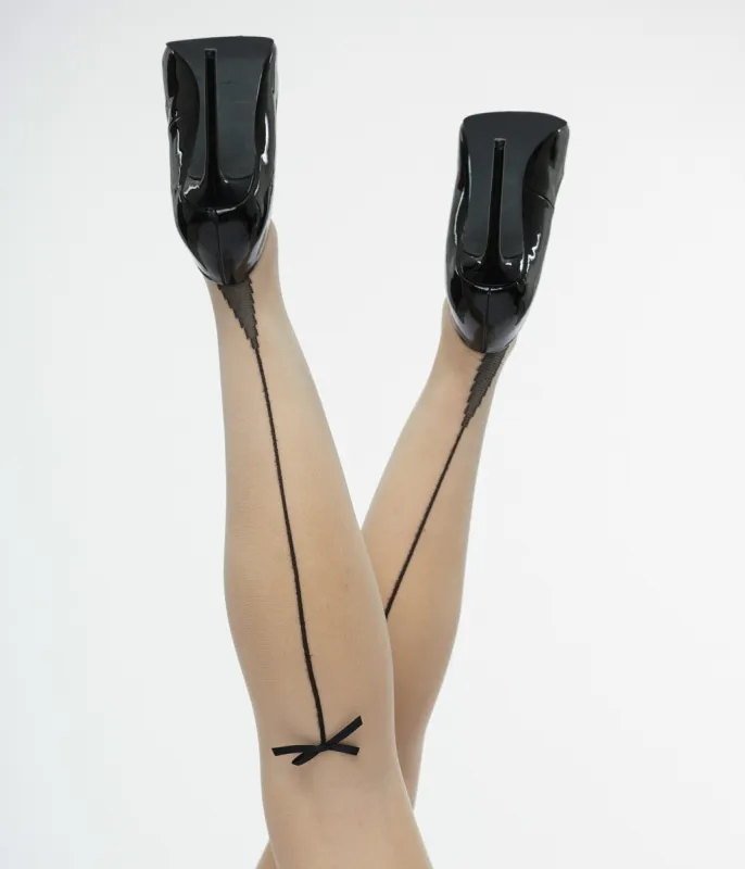 1950s Black Bow Seamed Thigh Stocking sold by Unique Vintage