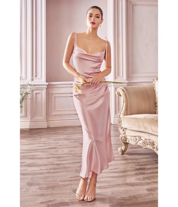 Ladivine by Cinderella Divine Dusty Rose Satin Slip Homecoming Midi Dress sold by Unique Vintage