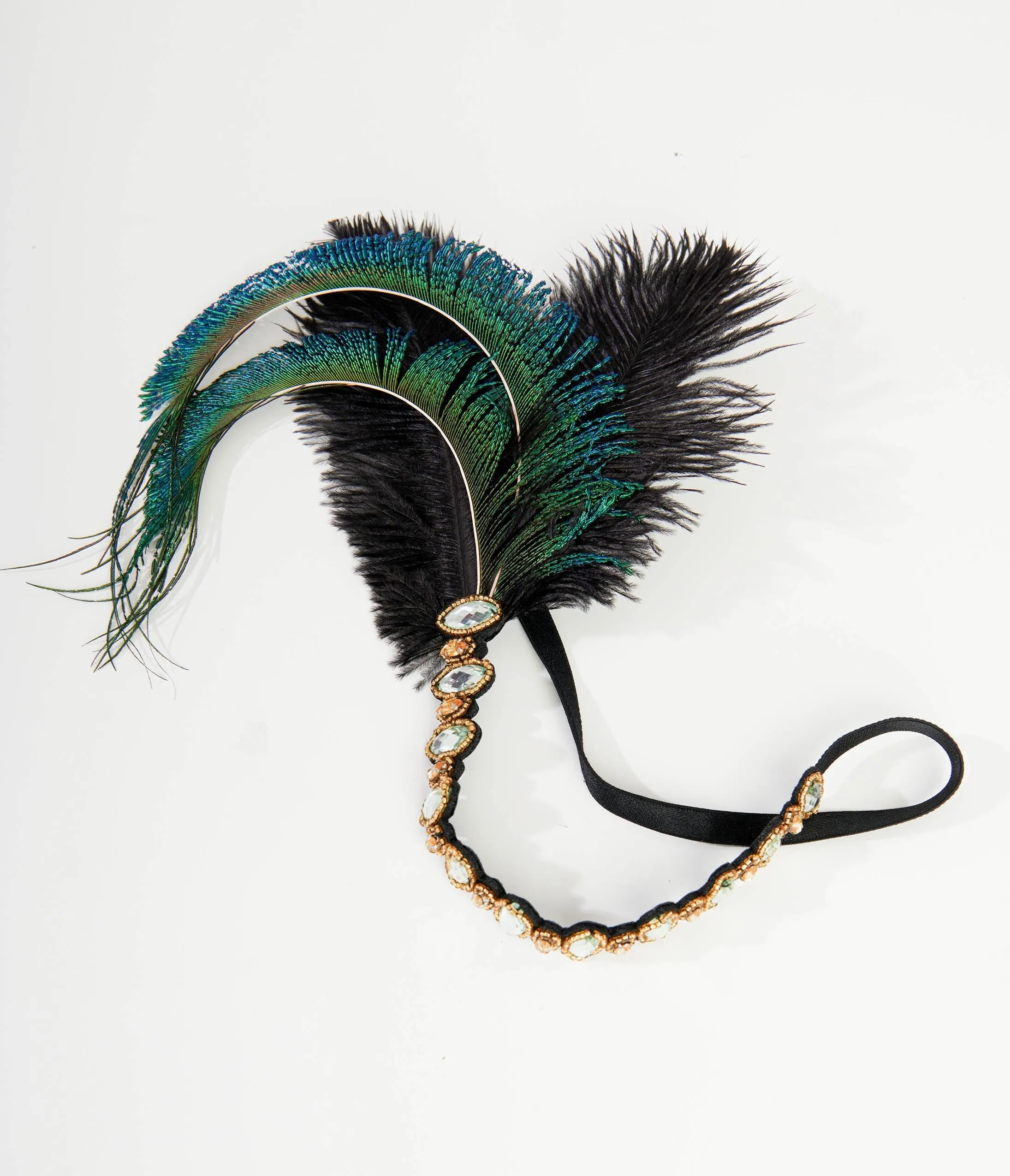 Unique Vintage 1920s Emerald Feather & Silver Rhinestone Headband sold by Unique Vintage product image thumbnail 3