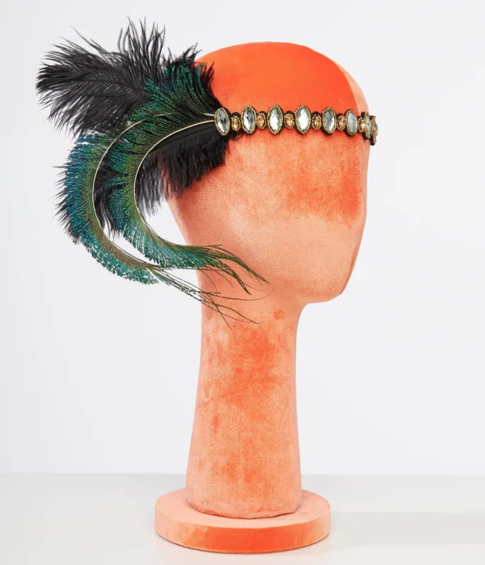 Unique Vintage 1920s Emerald Feather & Silver Rhinestone Headband sold by Unique Vintage