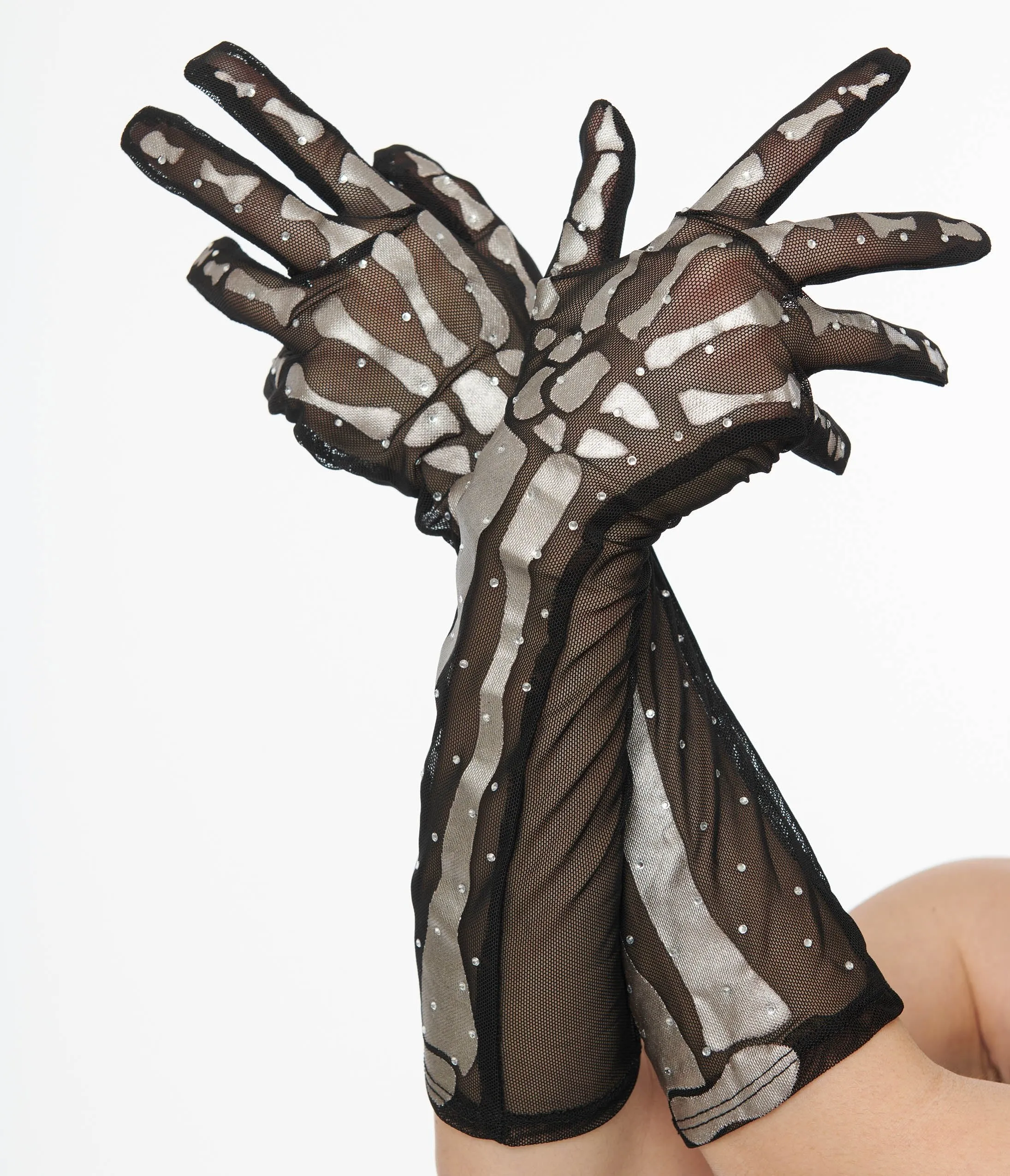 Unique Vintage Black & Silver Skeleton Rhinestone Gloves sold by Unique Vintage product image thumbnail 2