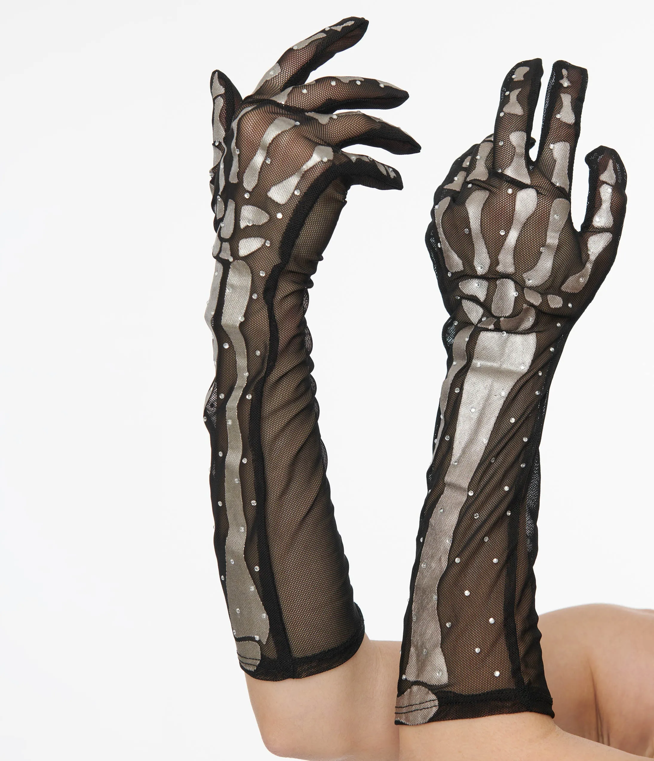 Unique Vintage Black & Silver Skeleton Rhinestone Gloves sold by Unique Vintage product image thumbnail 3