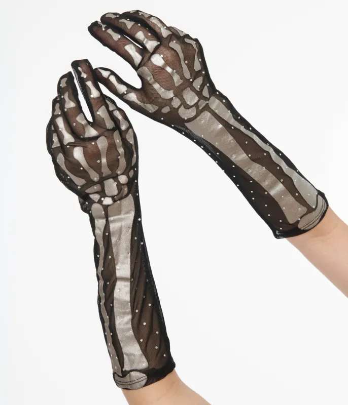 Unique Vintage Black & Silver Skeleton Rhinestone Gloves sold by Unique Vintage
