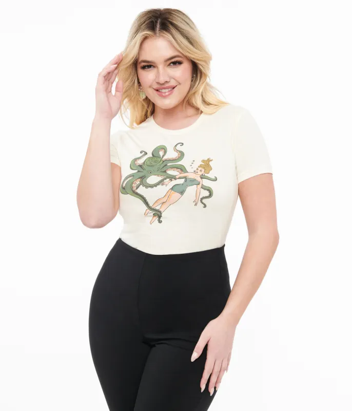 Ivory Girl & Octopus Fitted Graphic Tee sold by Unique Vintage