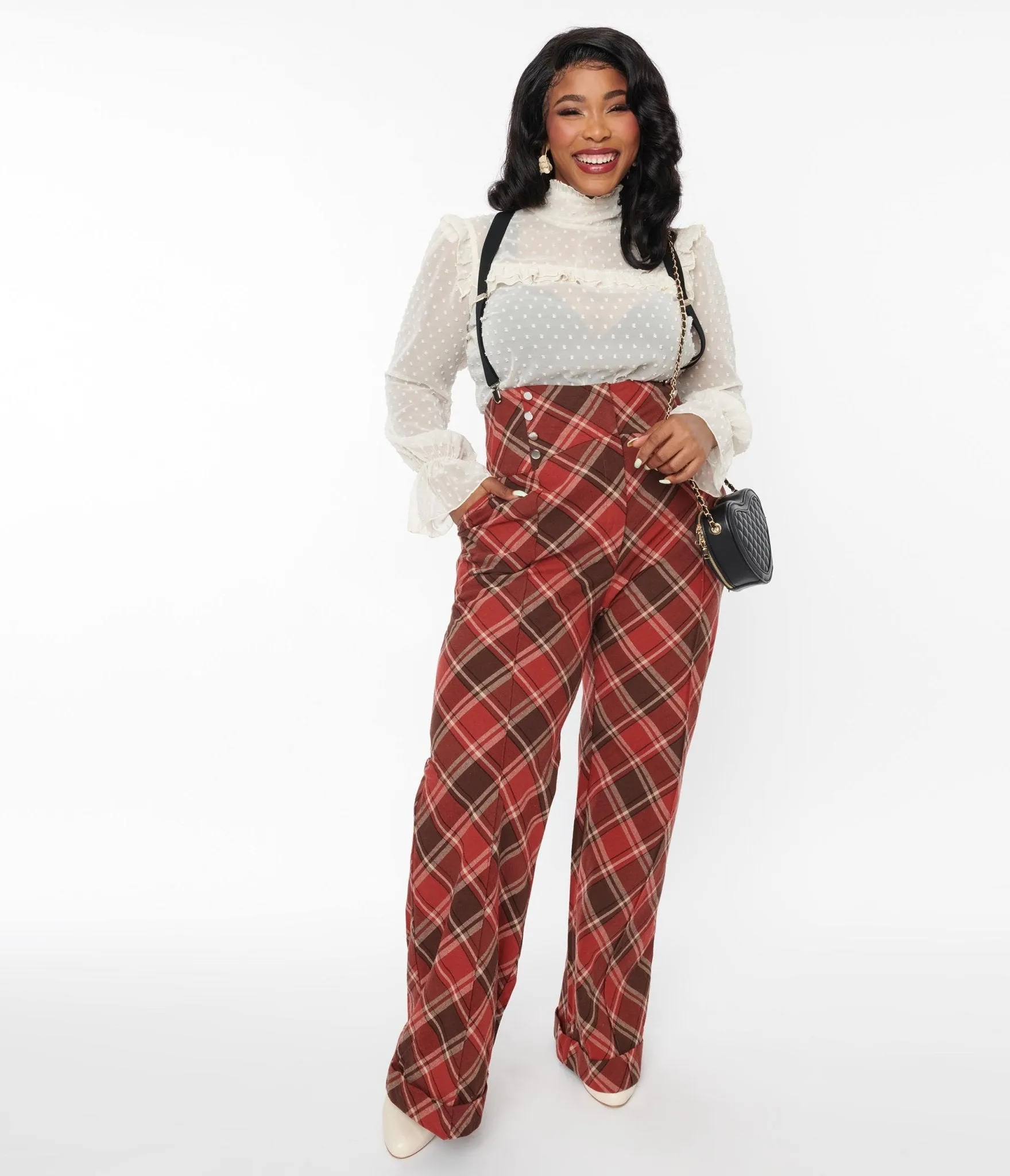 Unique Vintage 1940s Red & Brown Plaid Wide Leg Suspender Pants sold by Unique Vintage product image thumbnail 5