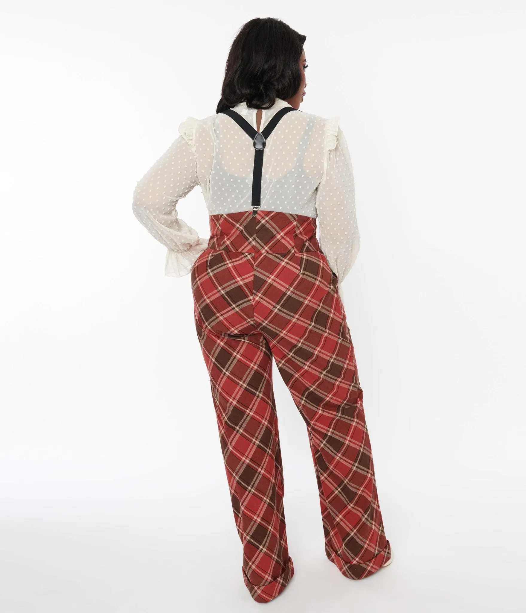 Unique Vintage 1940s Red & Brown Plaid Wide Leg Suspender Pants sold by Unique Vintage product image thumbnail 2