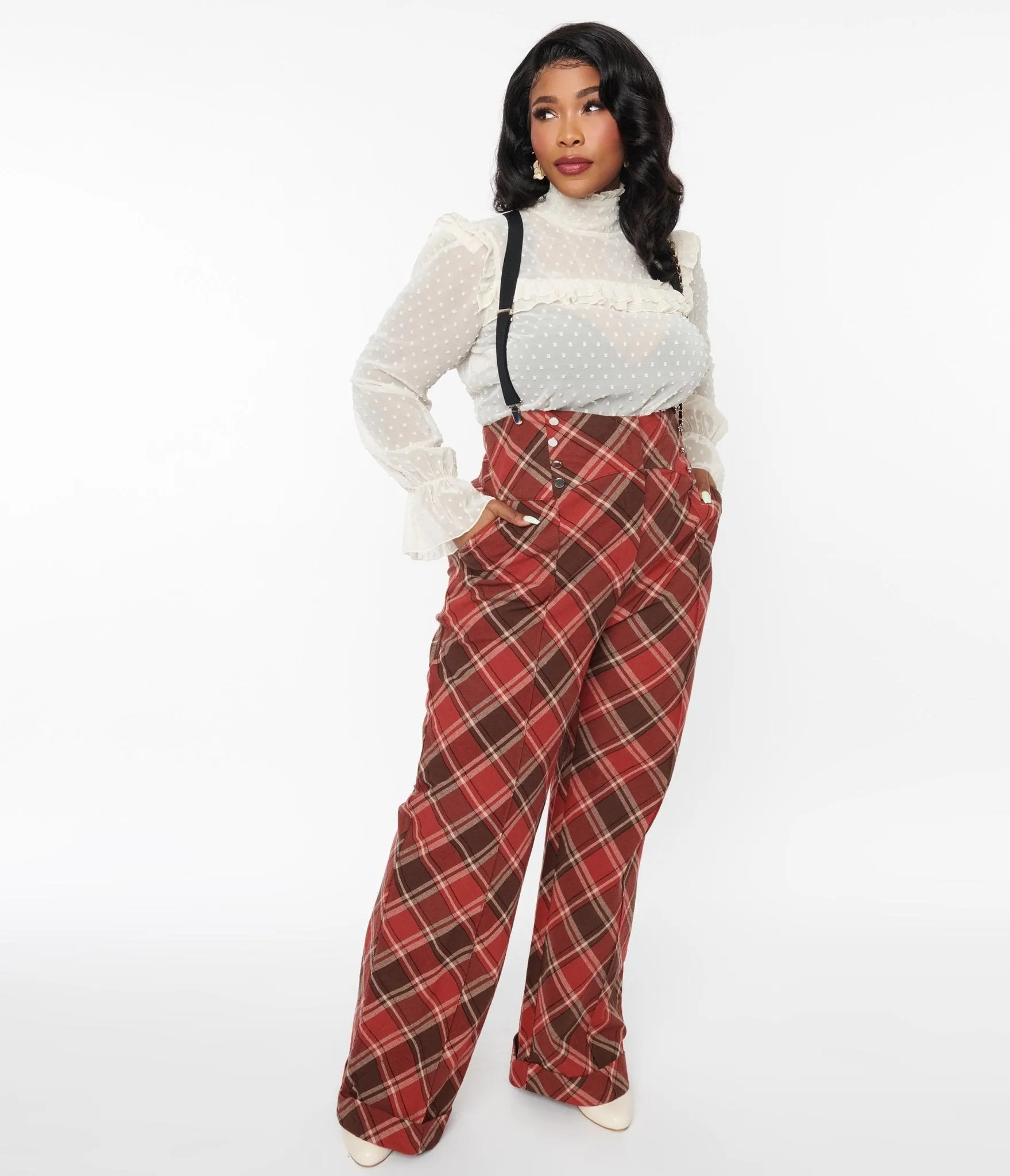 Unique Vintage 1940s Red & Brown Plaid Wide Leg Suspender Pants sold by Unique Vintage product image thumbnail 3