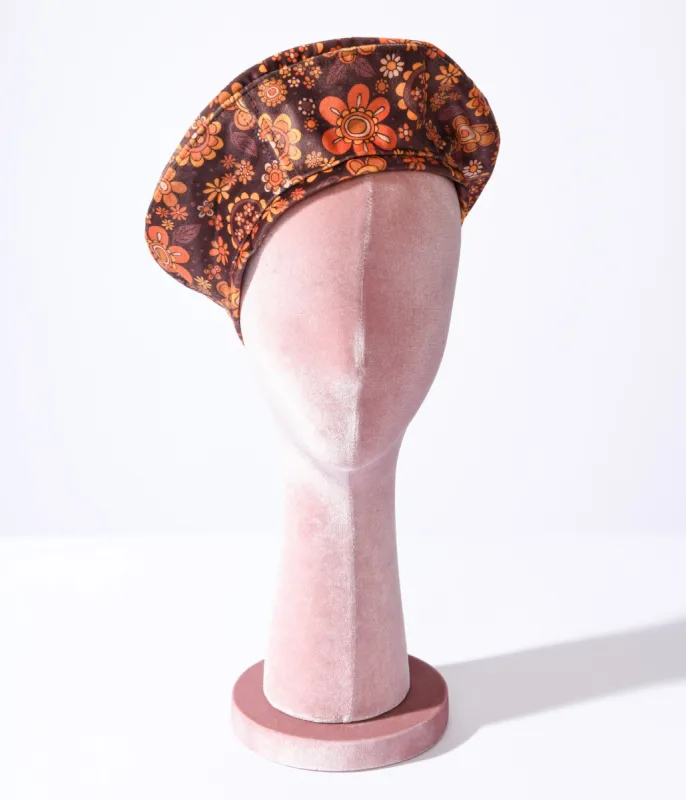 1970s Brown Retro Floral Velvet Beret sold by Unique Vintage