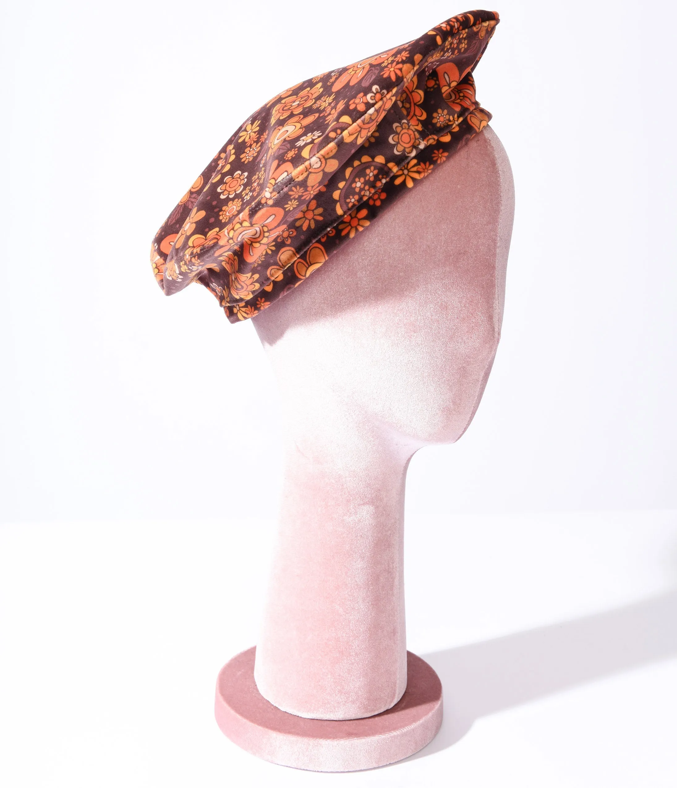 1970s Brown Retro Floral Velvet Beret sold by Unique Vintage product image thumbnail 2