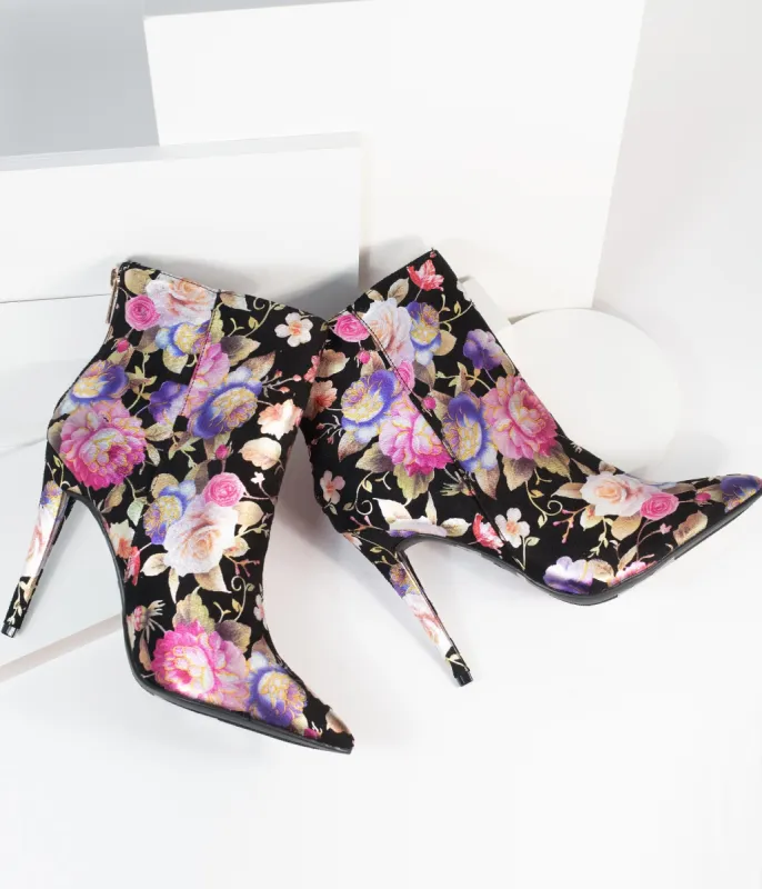 Black & Gleaming Floral Suede Stiletto Bootie sold by Unique Vintage