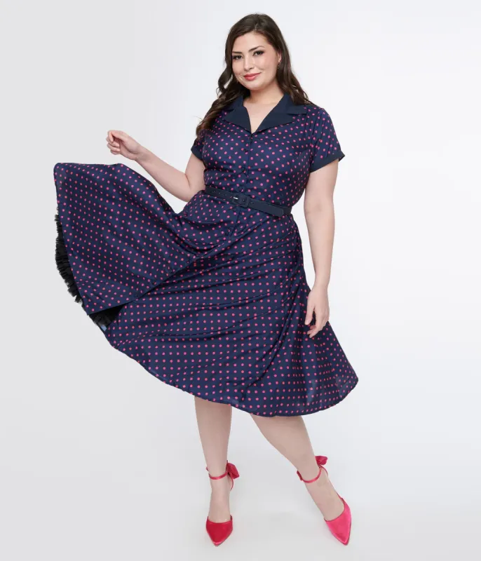 Unique Vintage Plus Size Navy & Hot Pink Dot Alexis Swing Dress sold by Unique Vintage